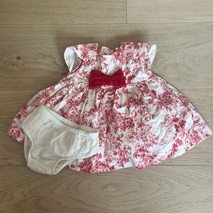 Janie and Jack Red & White French Toile 0-3 dress with bloomers & velvet bow